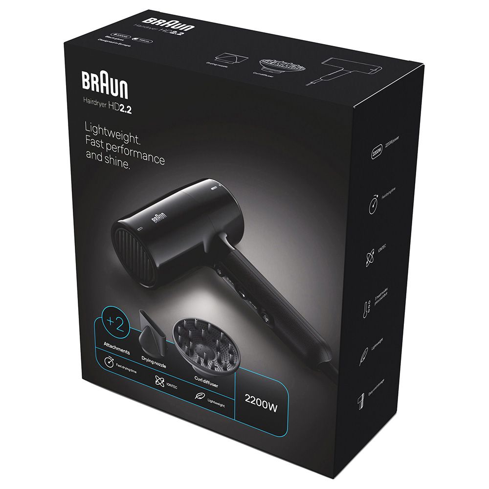 Braun - Hair Dryer With 2 Attachments HD2.2 - Ion Black