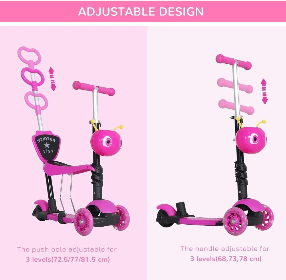 UKR - 5-in-1 3 Wheel Foldable LED Kick Scooter - Pink