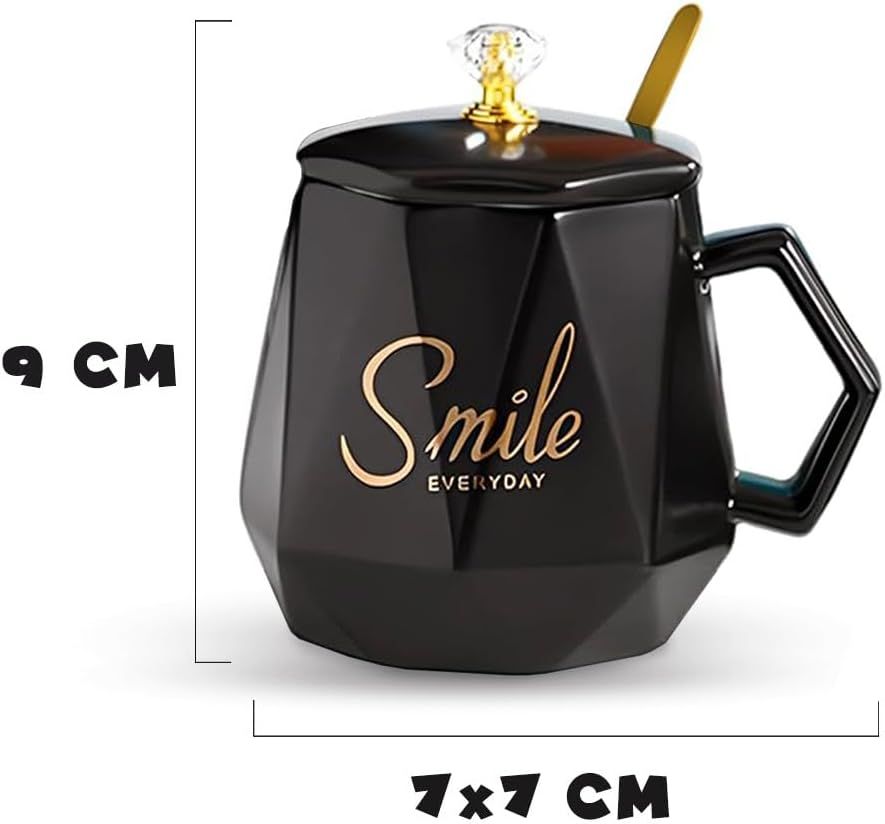 UKR - Smile Coffee Mug With Spoon Set - Black - 400 ml - 2 Pcs