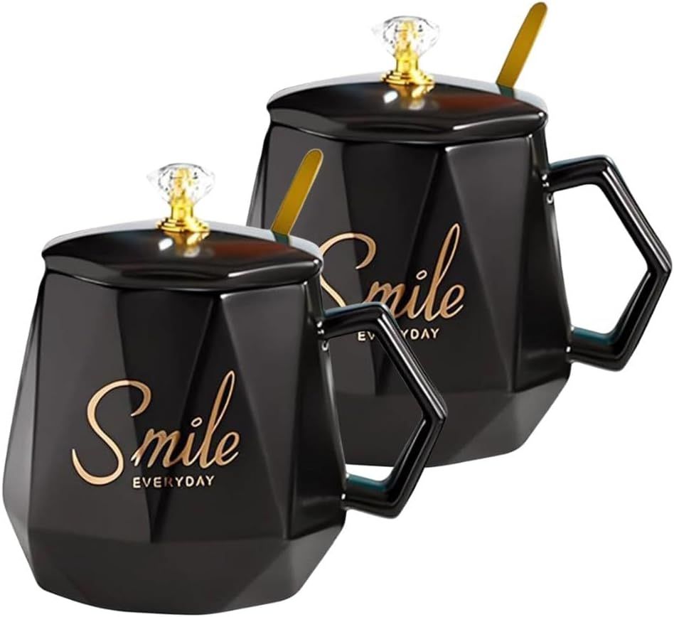 UKR - Smile Coffee Mug With Spoon Set - Black - 400 ml - 2 Pcs