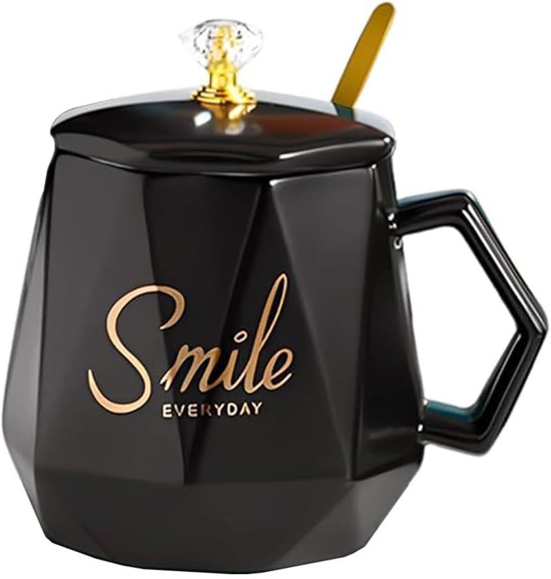 UKR - Smile Coffee Mug With Spoon Set - Black - 400 ml - 2 Pcs