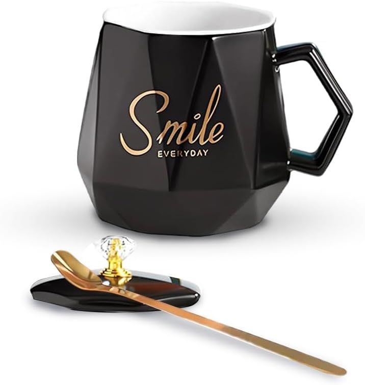 UKR - Smile Coffee Mug With Spoon Set - Black - 400 ml - 2 Pcs