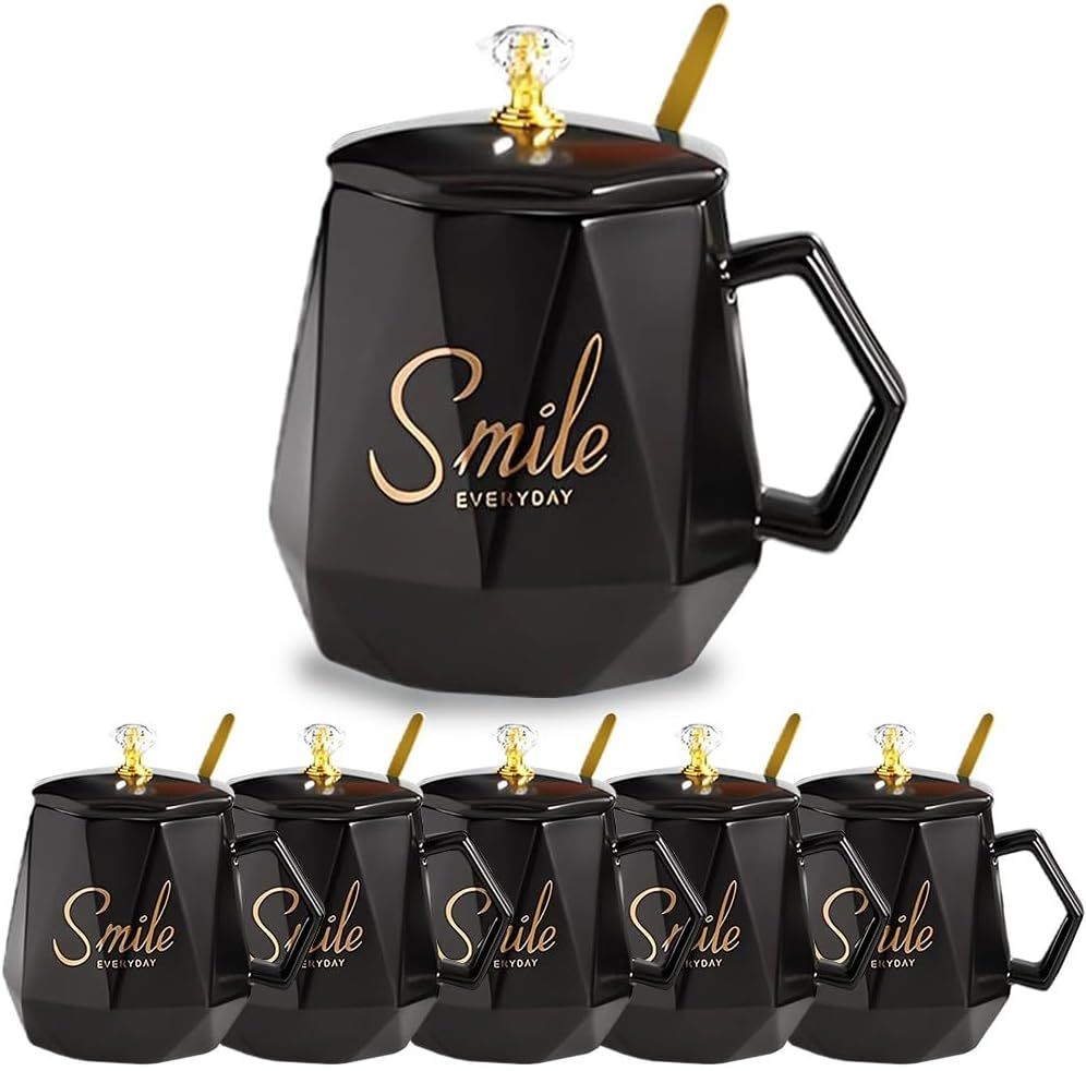 UKR - Smile Coffee Mug With Spoon Set - Black - 400 ml - 6 Pcs