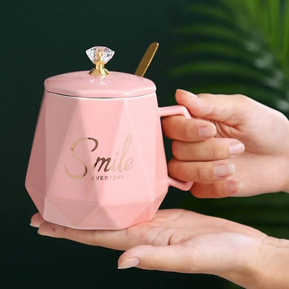 UKR - Smile Coffee Mug With Spoon Set - Pink - 400 ml - 2 Pcs