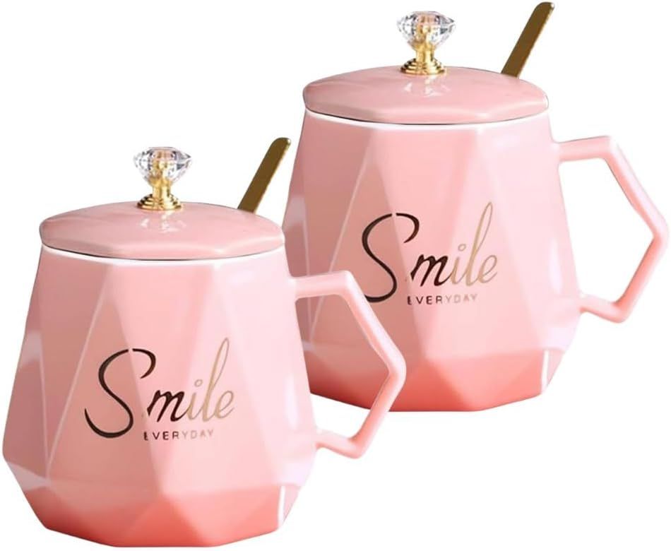 UKR - Smile Coffee Mug With Spoon Set - Pink - 400 ml - 2 Pcs