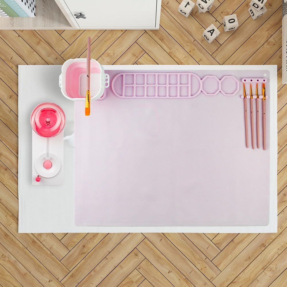 UKR - Silicone Painting Mat W/ Foldable Cup & Paintbrushes - Pink