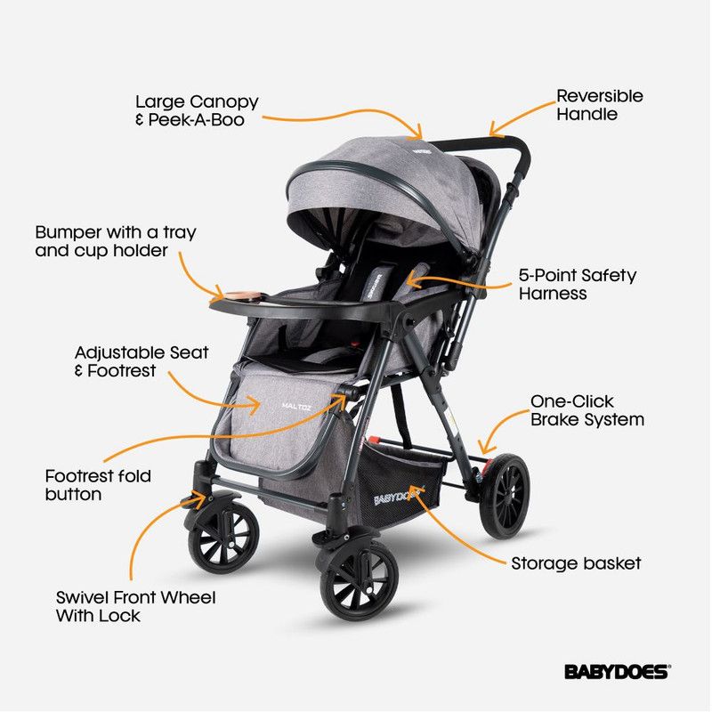 Babydoes - Maltoz Baby Stroller With Five-Point Harness - Grey