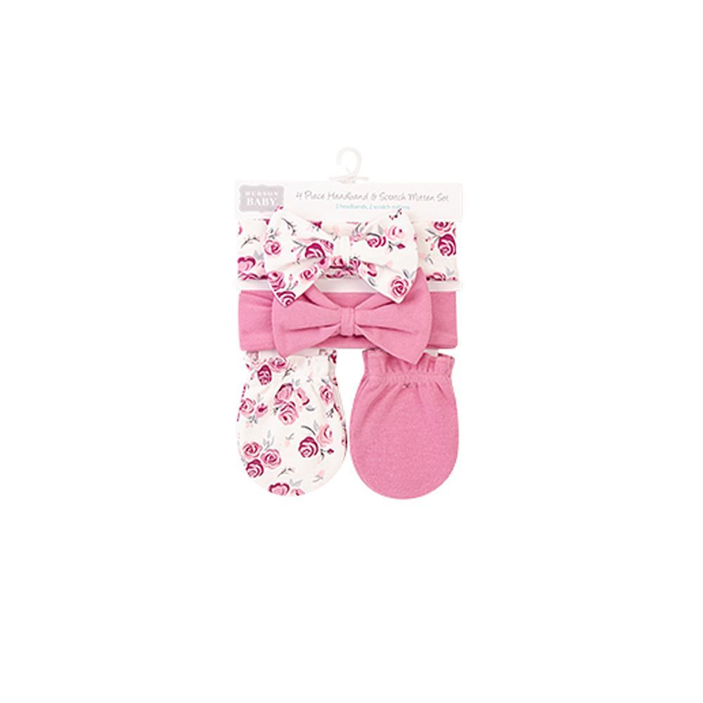 Hudson Childrenswear - 4pc-Set - Headband And Scratch Mittens Set - Rose Floral