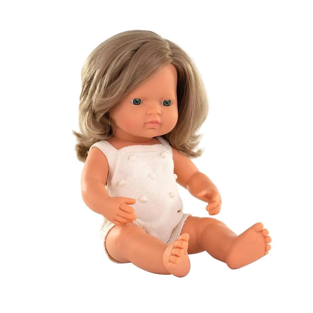 Miniland Baby - Caucasian Dark Blonde Girl Doll With Ecru Romper - 38cm