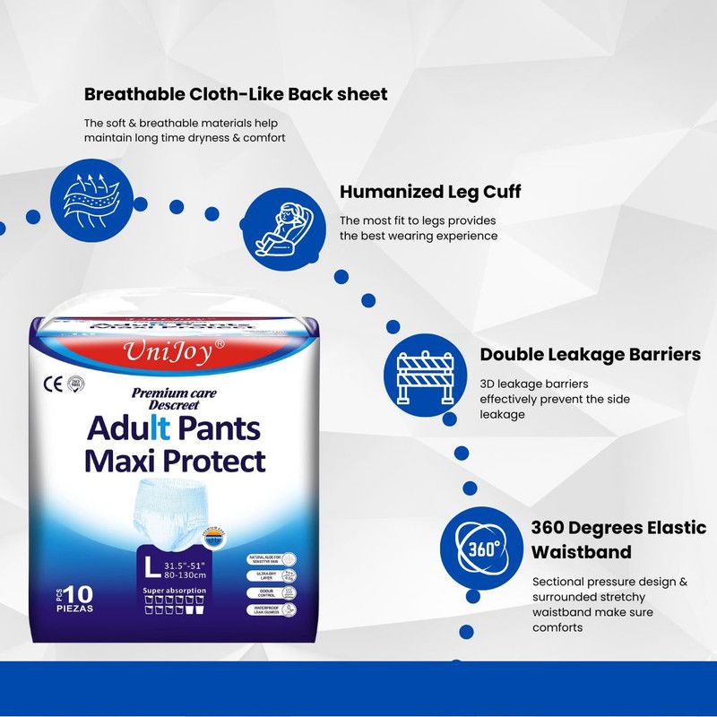 UniJoy - Adult Diapers Pull Up Pant Style L-XL Size 10pcs + Disposable Underpads Absorbency Leak Protection Unisex 10pcs