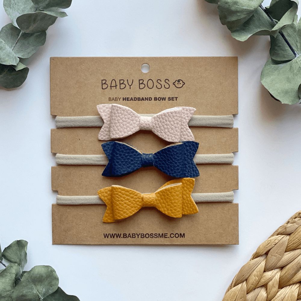 Baby Boss - Baby Headband Bow Set - Beige/Blue/Yellow - 3 Pcs