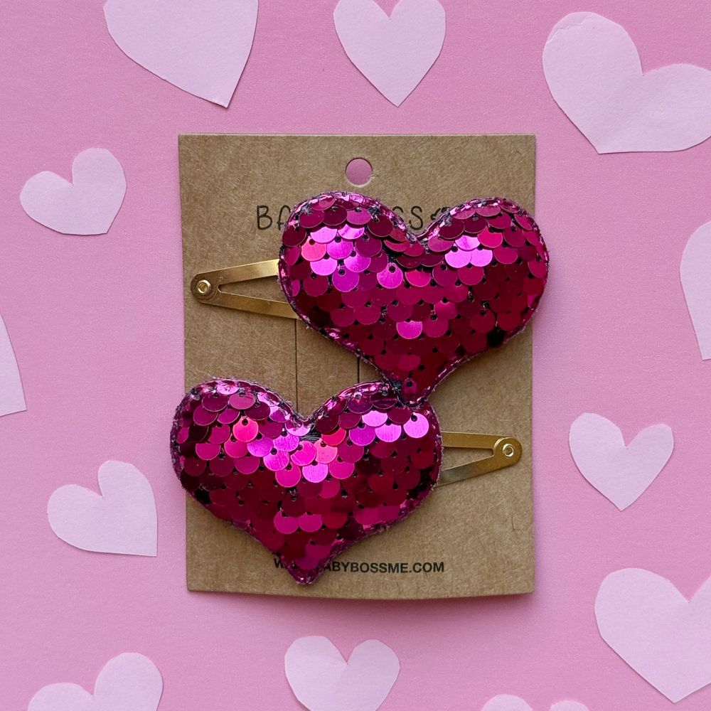 Baby Boss - Girl's Heart Sequin Hair Clip Set - Fuchsia - 2 Pcs