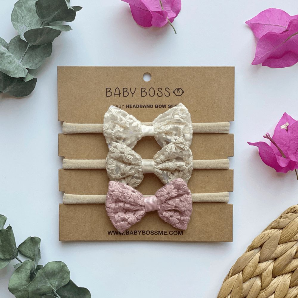 Baby Boss - Baby Flower Headband Bow Set - White/Beige/Pink - 3 Pcs