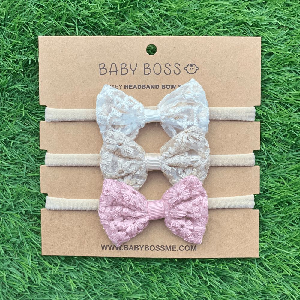 Baby Boss - Baby Flower Headband Bow Set - White/Beige/Pink - 3 Pcs