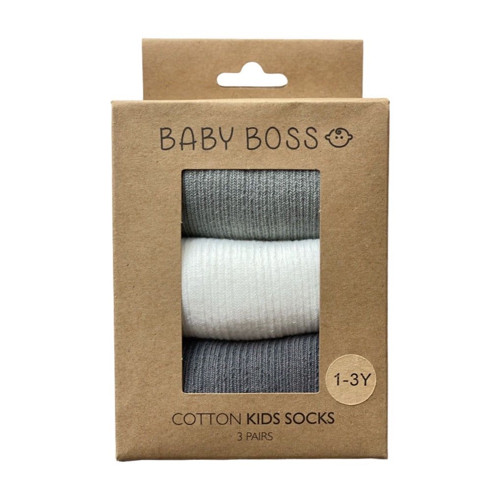 Baby Boss - 3pc-Set - Kids Cotton Socks - Light Grey/White/Dark Grey