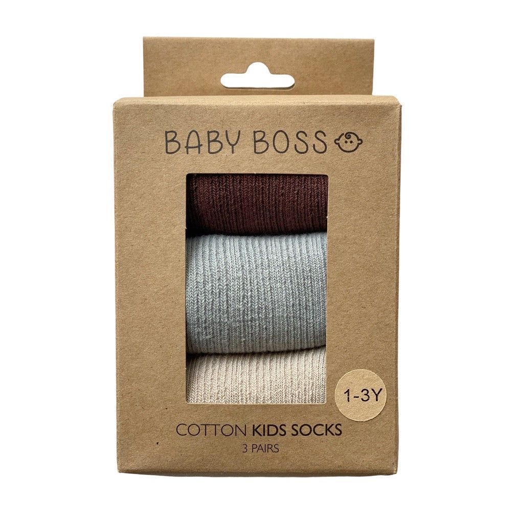 Baby Boss - 3pc-Set - Kids Cotton Socks - Brown/Grey/Beige