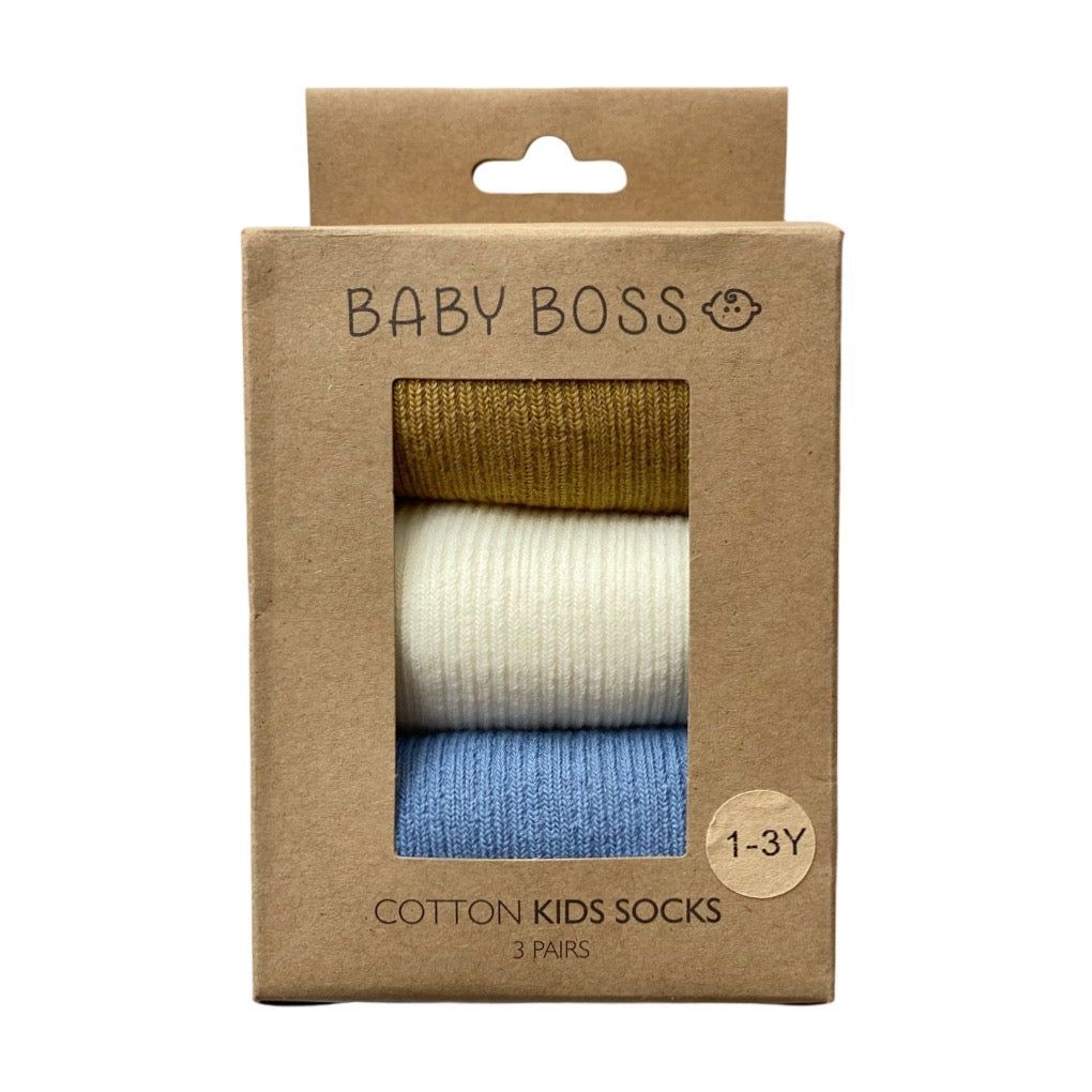 Baby Boss - 3pc-Set - Kids Cotton Socks - Mustard Yellow/White/Blue