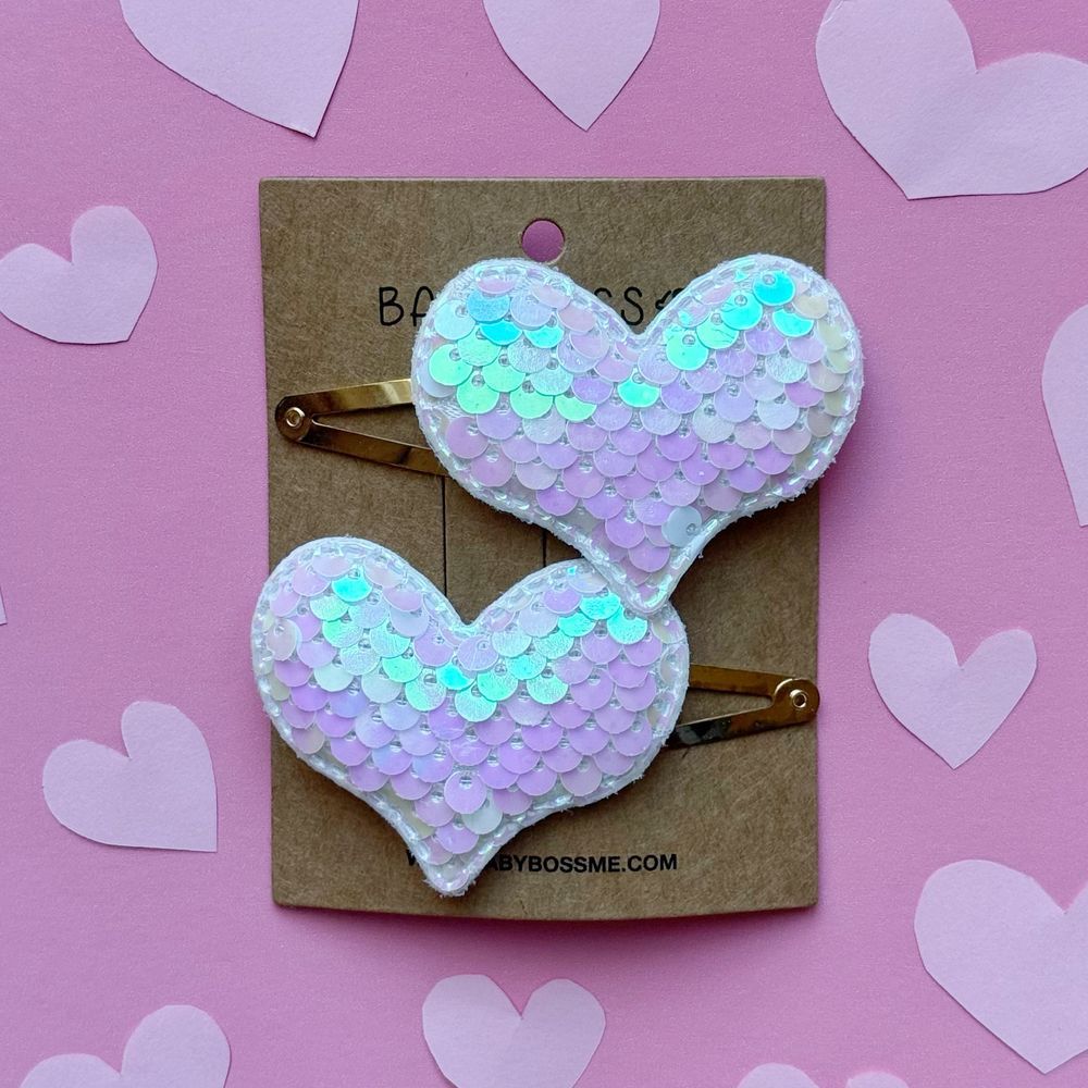 Baby Boss - Girl's Heart Sequin Hair Clip Set - White - 2 Pcs