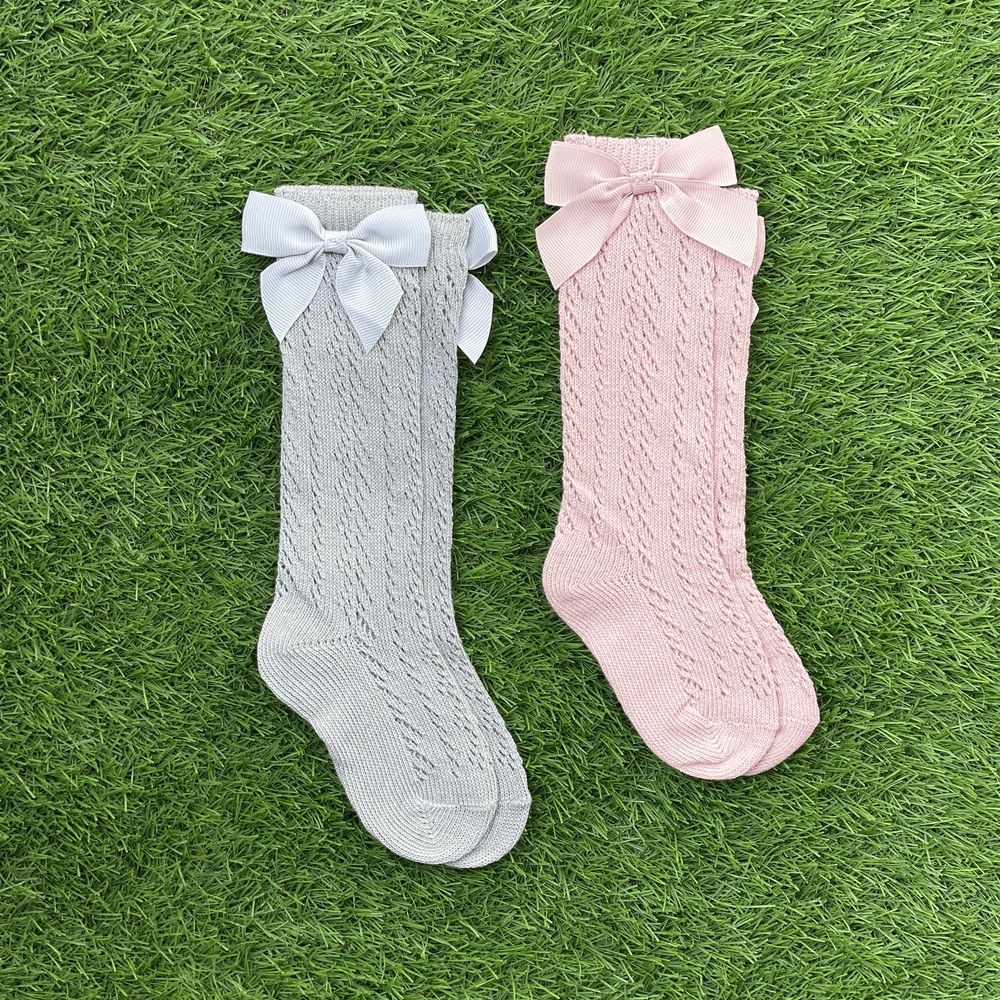 Baby Boss - 2pc-Set - Knee High Cotton Bow Socks - Grey/Pink