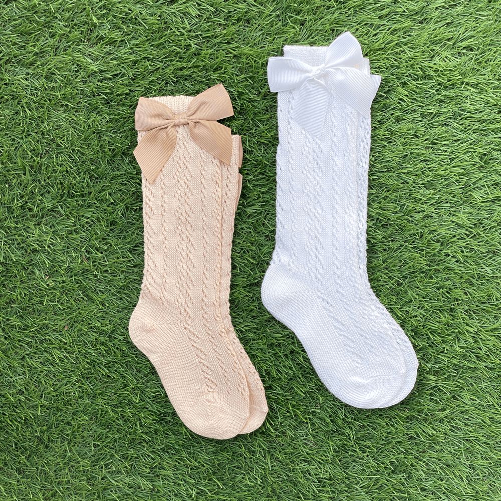 Baby Boss - 2pc-Set - Knee High Cotton Bow Socks - Beige/White