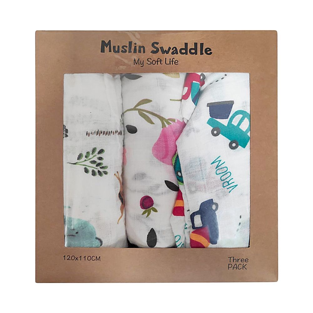 Pixie - Muslin Blankets For Newborn Baby Pack of 3 - Cars & Flowers