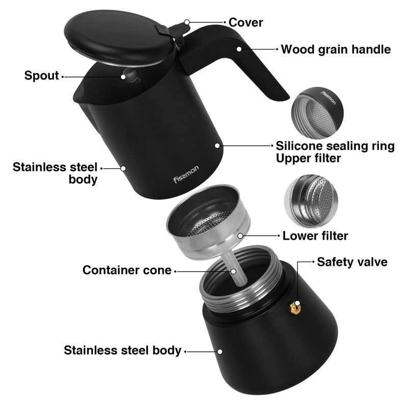 Fissman - Stovetop Espresso Coffee Maker - Black - 300ml