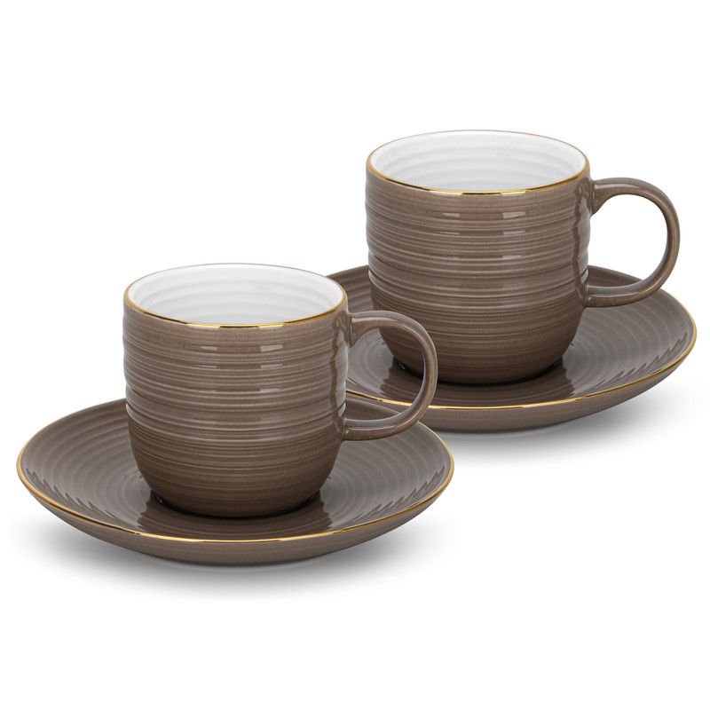 Fissman - New Bone China Cups With Saucers - Brown - 2 Pcs