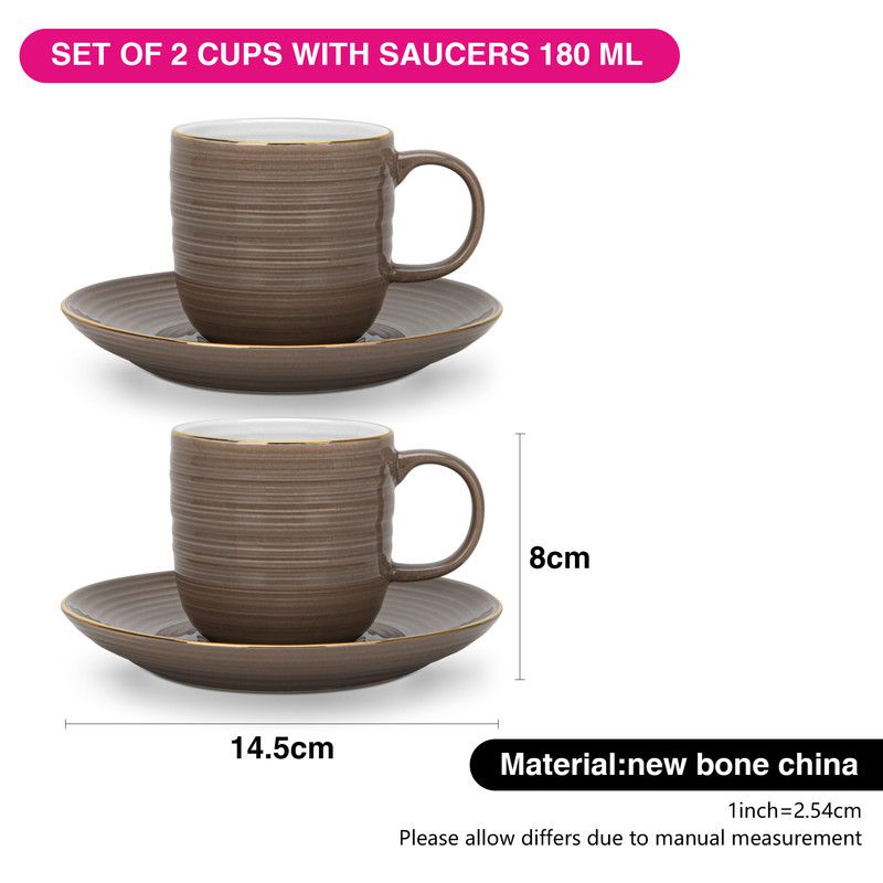 Fissman - New Bone China Cups With Saucers - Brown - 2 Pcs