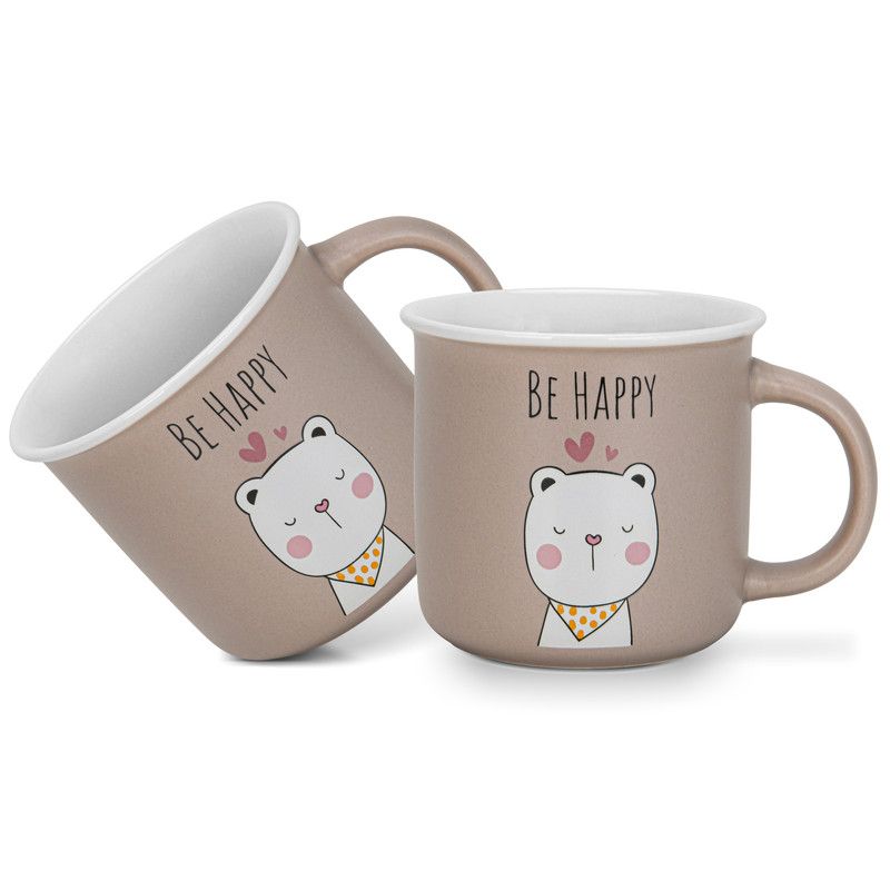 Fissman - Be Happy Printed Coffee Mug Set - 380 ml - Pack of 2