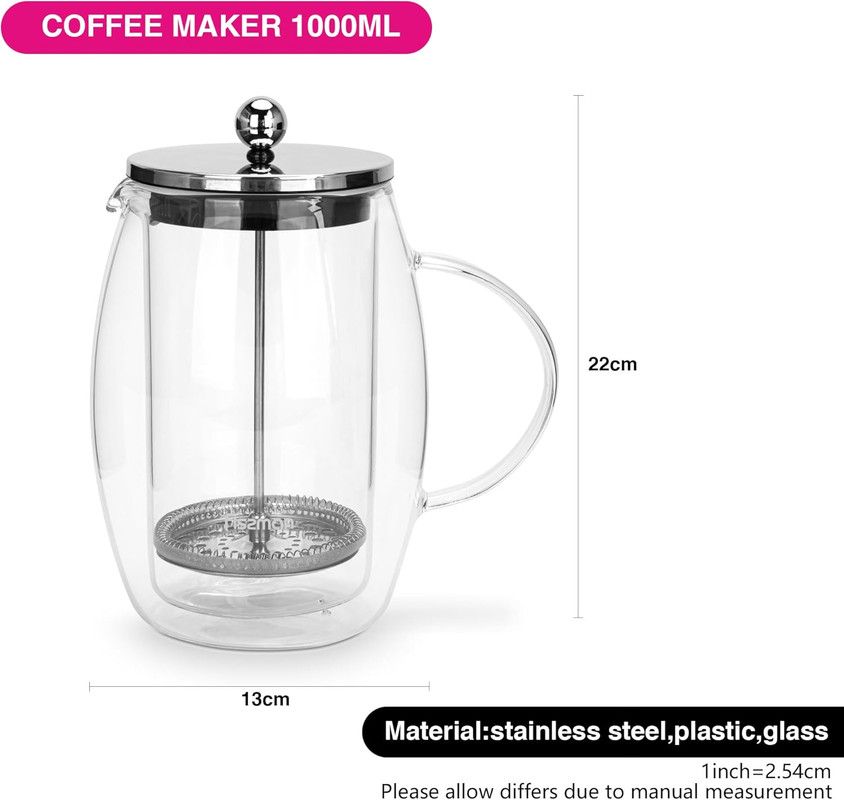 Fissman - Borosilicate Glass Double Wall French Press Coffee Maker - 1000ml