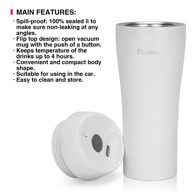 Fissman - Double Wall Vacuum Travel Stainless Steel Mug - White - 420ml