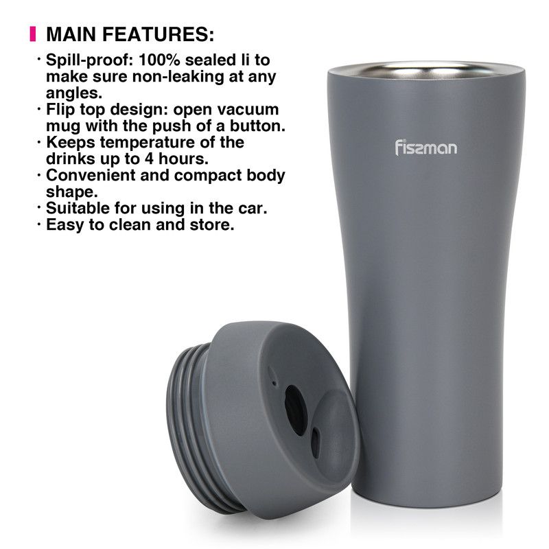 Fissman - Double Wall Vacuum Stainless Steel Travel Mug - Grey - 420ml