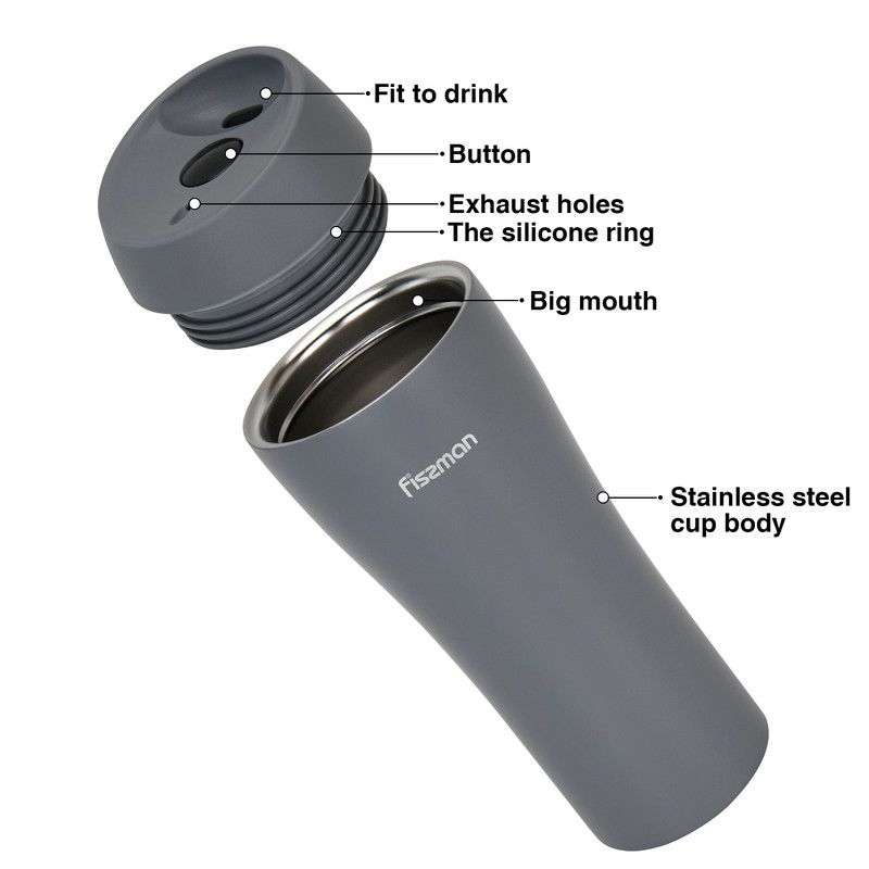 Fissman - Double Wall Vacuum Stainless Steel Travel Mug - Grey - 420ml