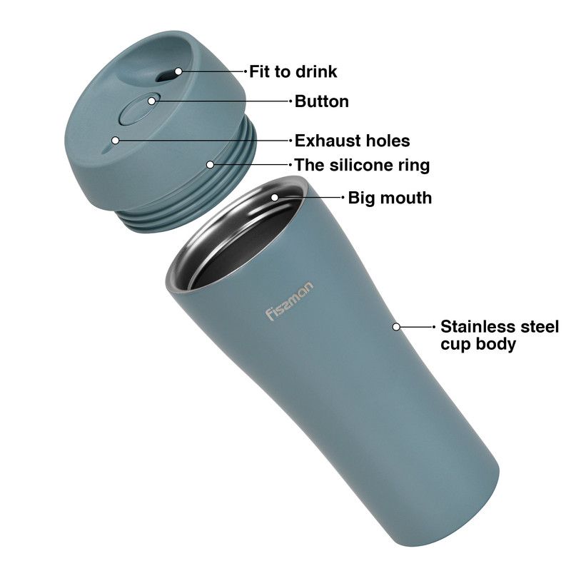 Fissman - Stainless Steel Double Wall Vacuum Travel Mug - Blue - 420 ml