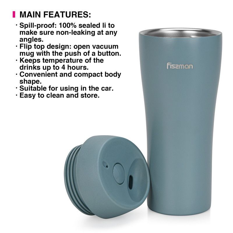 Fissman - Stainless Steel Double Wall Vacuum Travel Mug - Blue - 420 ml