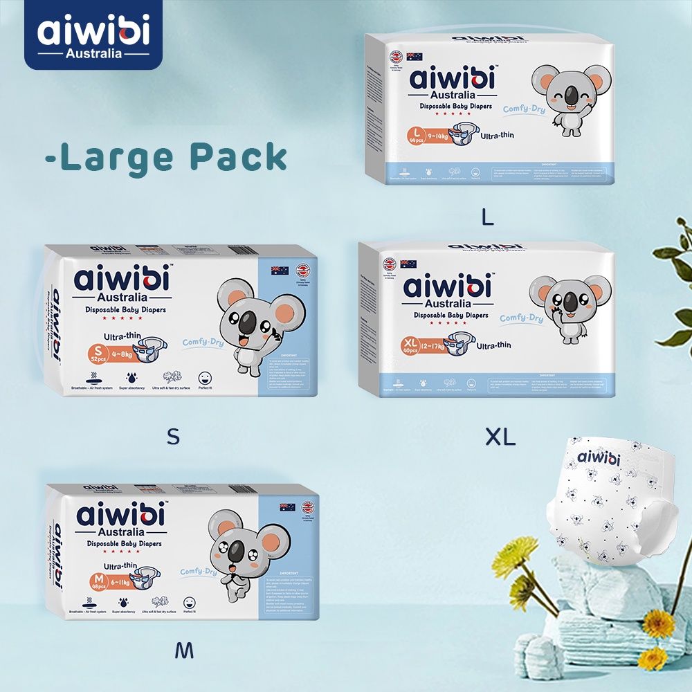 Aiwibi - Comfy Dry Baby Diapers - 9-14kg - Pack of 3 - 132pcs - Large