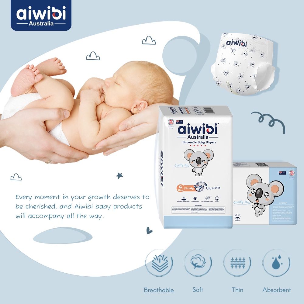 Aiwibi - Comfy Dry Baby Diapers - 9-14kg - Pack of 3 - 132pcs - Large