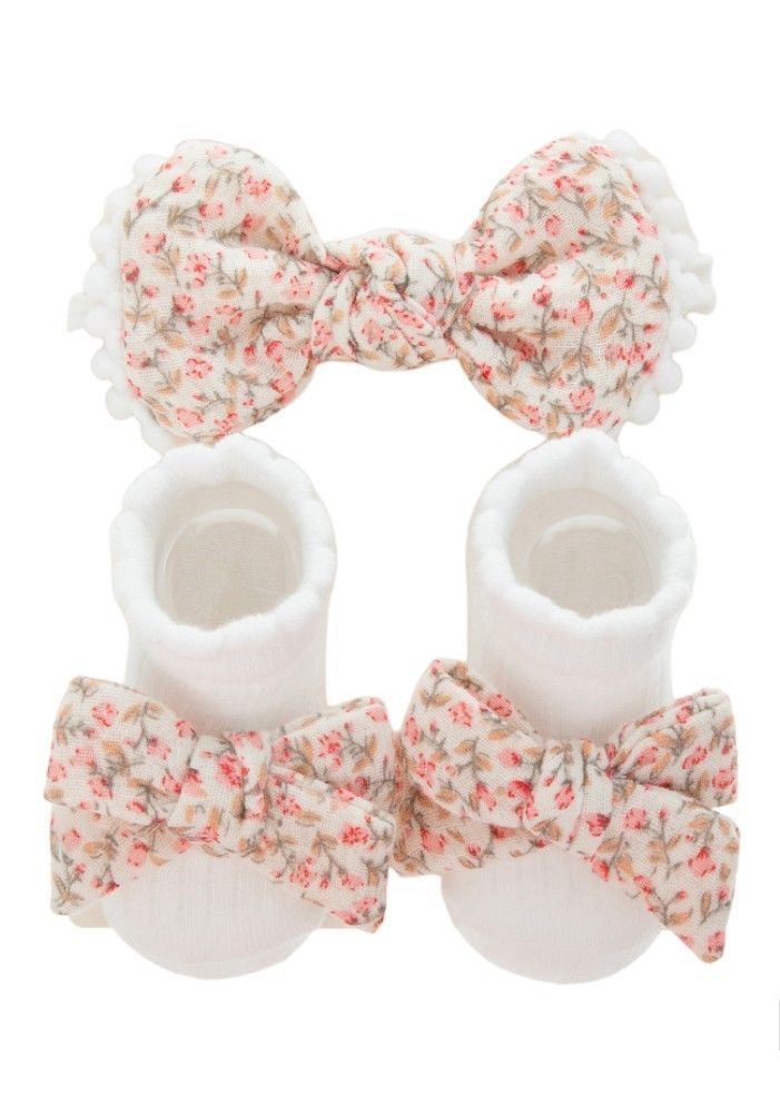 Bambimici - Anika Socks & Ribbon Bow Headband Set - Floral Red