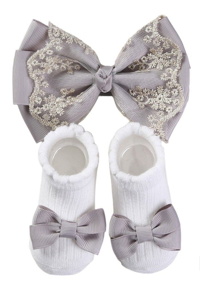 Bambimici - Aaliyah Socks & Cute Ribbon Big Bow Headband Set - Grey