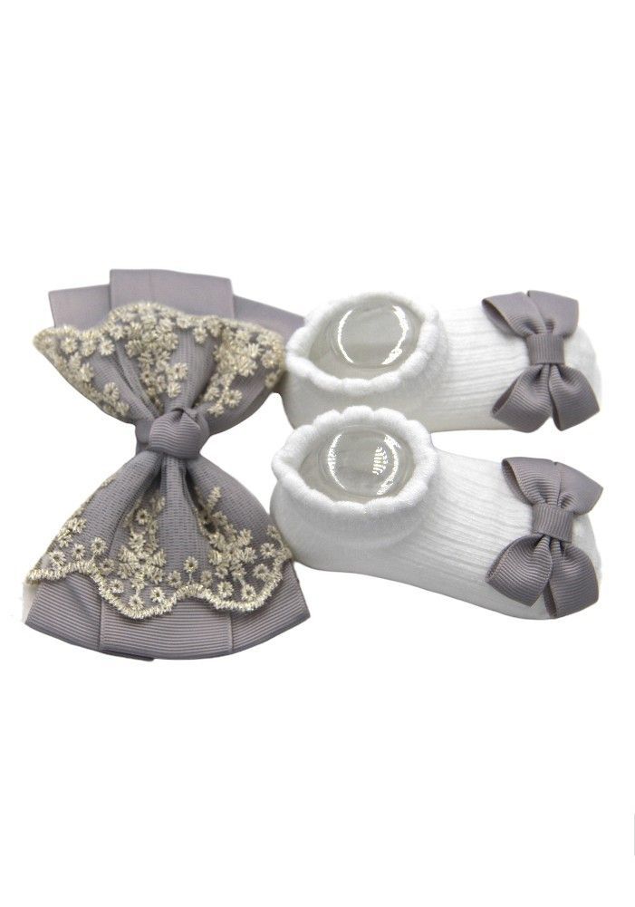 Bambimici - Aaliyah Socks & Cute Ribbon Big Bow Headband Set - Grey