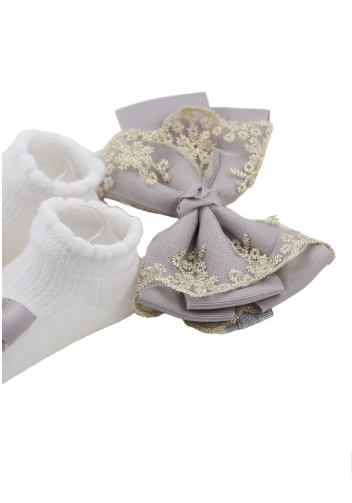 Bambimici - Aaliyah Socks & Cute Ribbon Big Bow Headband Set - Grey