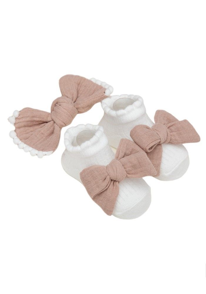 Bambimici - Anika Socks & Ribbon Bow Headband Set - Light Brown - 2 Pcs