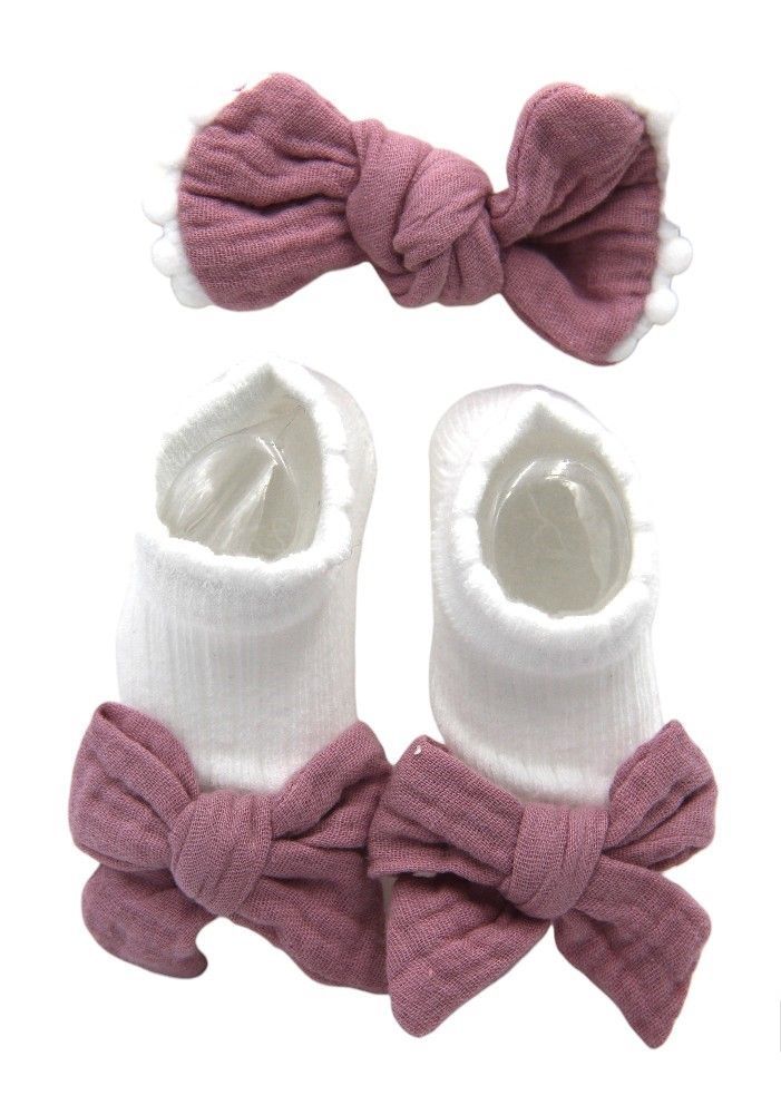 Bambimici - Anika Socks & Ribbon Bow Headband Set - Dark Mauve