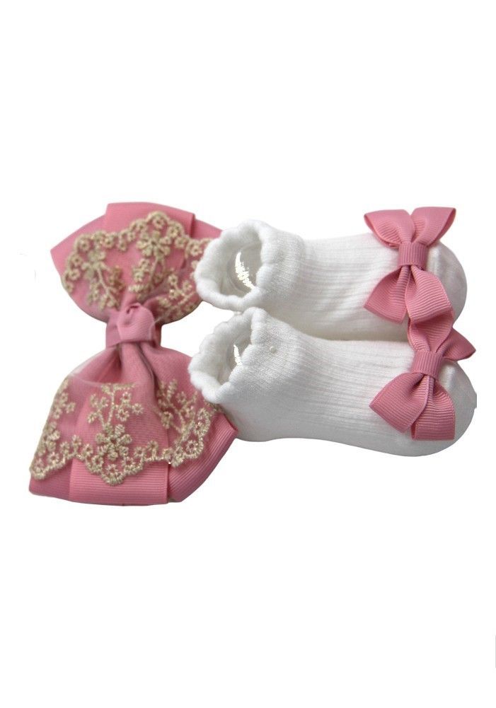 Bambimici - Aaliyah Socks & Cute Ribbon Big Bow Headband Set - Baby Pink