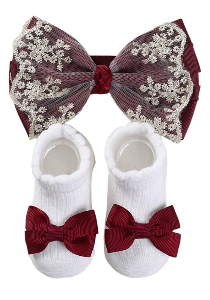 Bambimici - Aaliyah Socks & Cute Ribbon Big Bow Headband Set - Burgundy