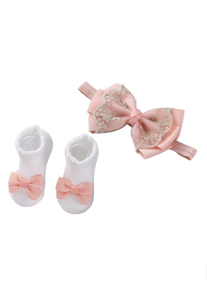 Bambimici - Aaliyah Socks & Cute Ribbon Big Bow Headband Set - Peach