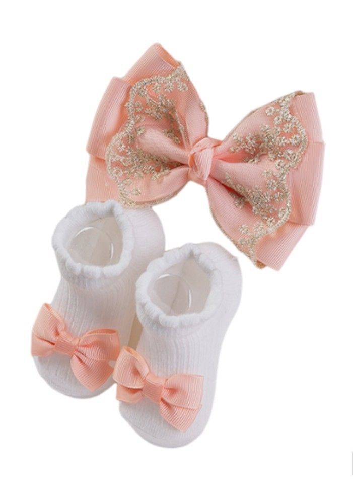 Bambimici - Aaliyah Socks & Cute Ribbon Big Bow Headband Set - Peach