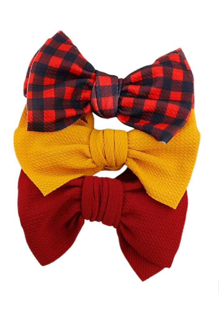 Bambimici - Mira Big Ribbon Bow Headband For Babies - Mustard Yellow/Red - 3 Pcs