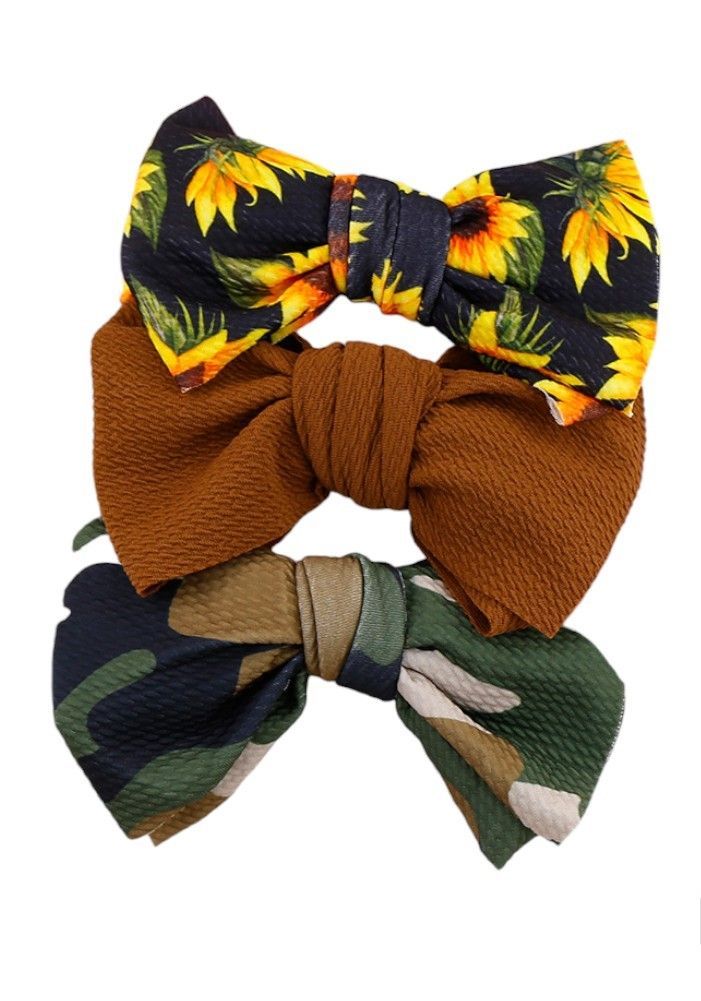 Bambimici - Mira Big Ribbon Bow Headband for Babies - Sunflower/Army Print - 3 Pcs