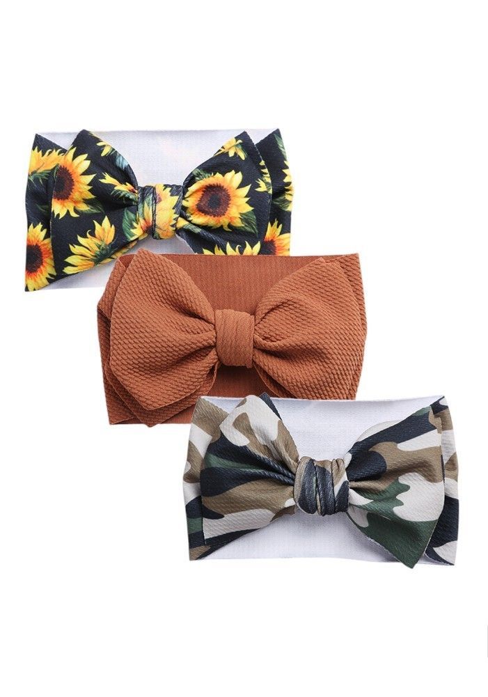 Bambimici - Mira Big Ribbon Bow Headband for Babies - Sunflower/Army Print - 3 Pcs